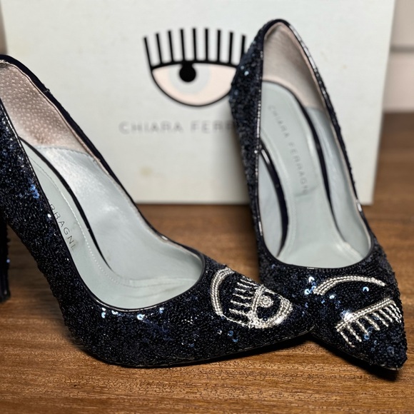 Chiara Ferragni Black Glitter Heels Stiletto Pumps - Picture 3 of 3